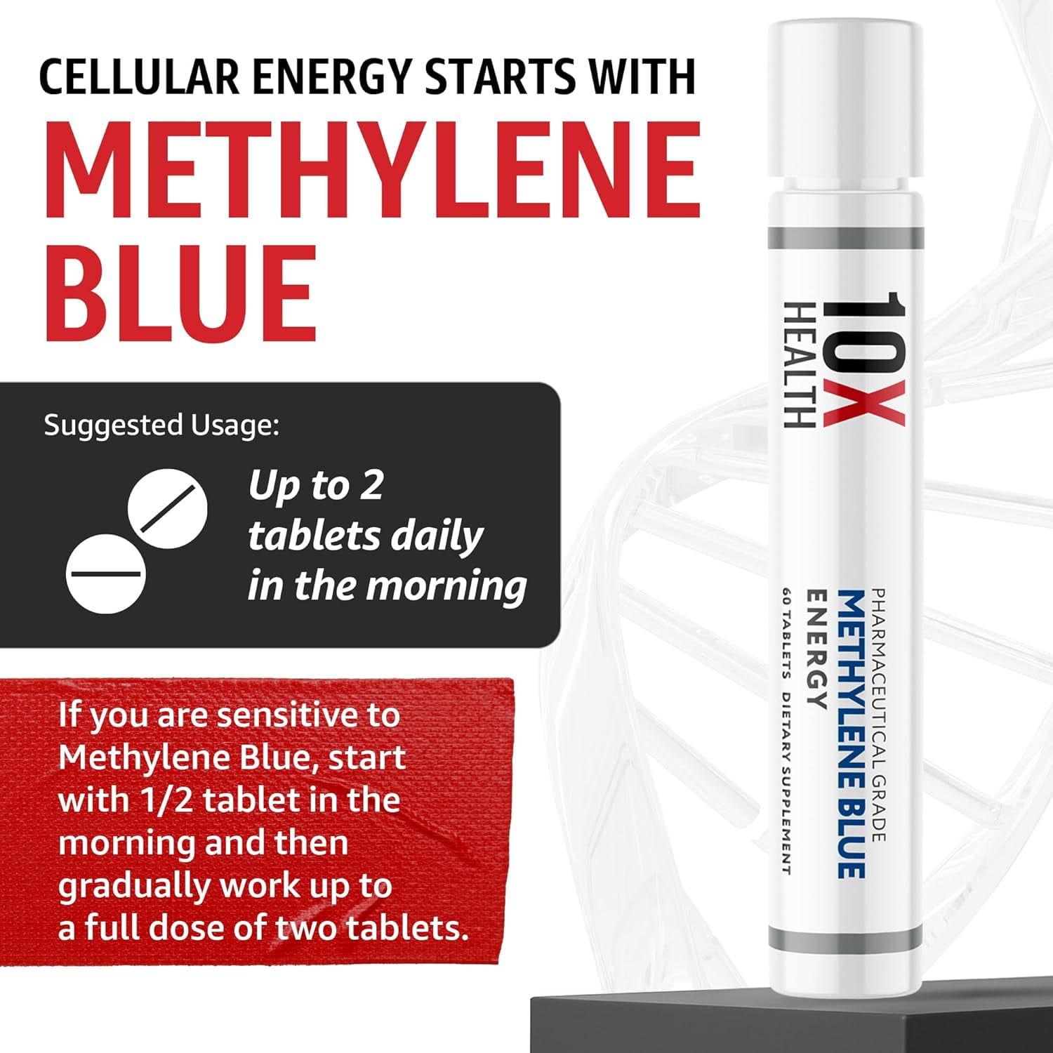 10X Health Pharmaceutical Grade Methylene Blue Tablets with Glycine, NAC, & Niacinamide, 60 Tablets