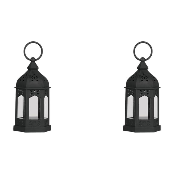 2Pcs Mini Lanterns for Centerpiece, Ramadan Decorations, Battery Included, Decorative Candle Lanterns for Indoor, Small Vintage Lantern for Halloween Christmas Wedding Table Decor, Black