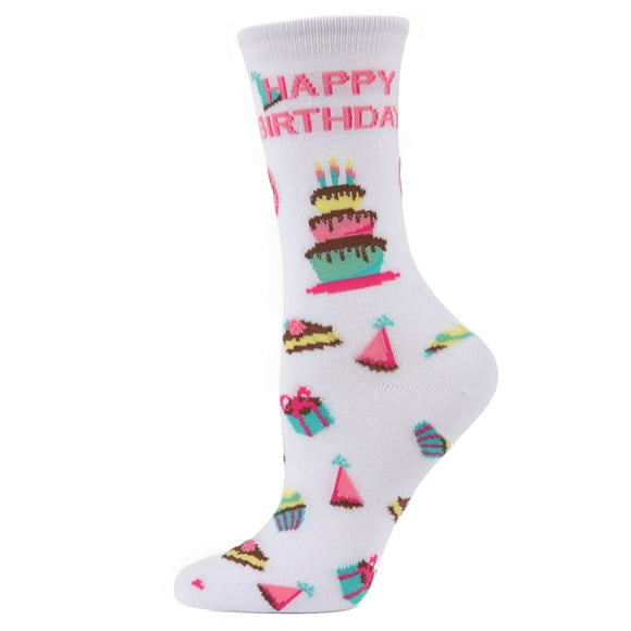 MeMoi Happy Birthday Rayon Blend Crew Novelty Socks White One Size