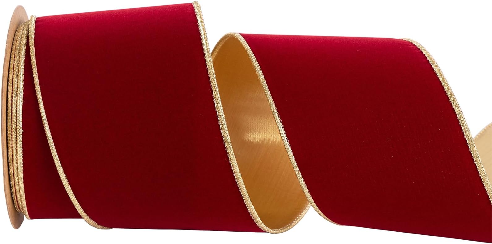 RuiJiao 2.5in Red Velvet Wired Christmas Wired Ribbon with Gold Backside, Red and Gold Christmas Ribbon for Tree Decorations, Wreaths, Crafts, Home Decor, Gift Wrapping