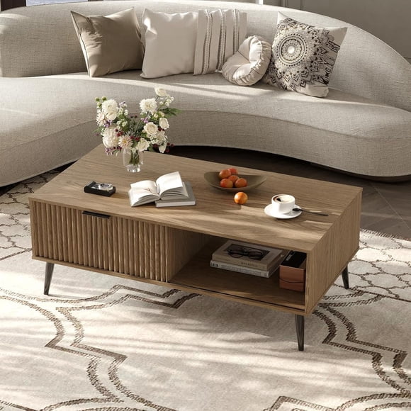 Eastvita 2-Tier Wooden Coffee Table with Sliding Door Storage Table with Solid Wood Legs Large Rectangle Modern Cocktail Table for Living Room Mid - Century for Home Office in Wood C