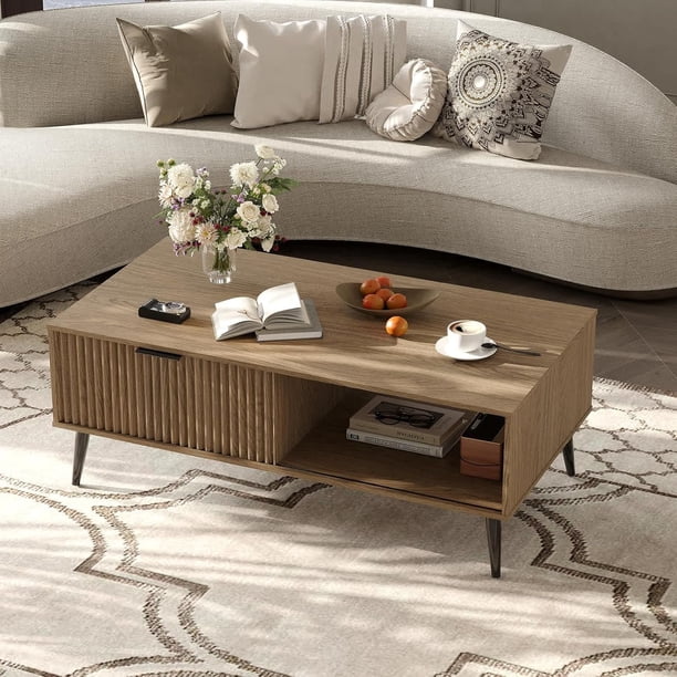2 - tier de madera coffee mesa con sliding door: almacenamiento mesa con solid wood legs, grande rectangle moderno cocktail mesa sala de estar, mid - century home & oficina in wood color