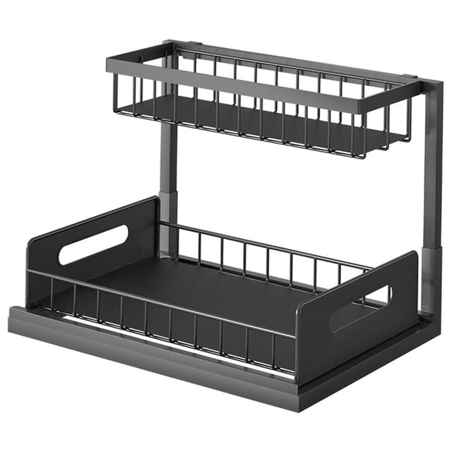 estante de especias de cocina organizador de pequeña sala extraíble de 2 niveles Estante de metal negro de 2 niveles con bandeja inferior amplia y bandeja superior estrecha, laterales con asas recortadas y base deslizable extraíble de 36.5x27x26.5 cm, superficie recubierta y construcción de hierro; ideal como organizador de especias, maquillaje o artículos de baño.