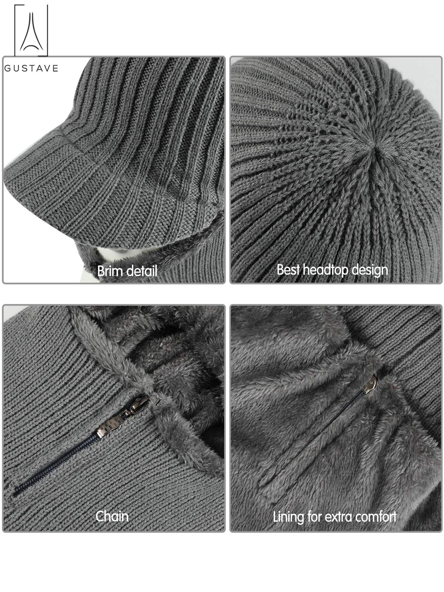 Gustave 2 In 1 Men Winter Warm Balaclava Beanie Hat with Fleece Lining Zipper Neck Scarf Warmer Ear Protector Knitting Stripes Hat and Scarf Conjoined Set "Gray" - image 4 of 9