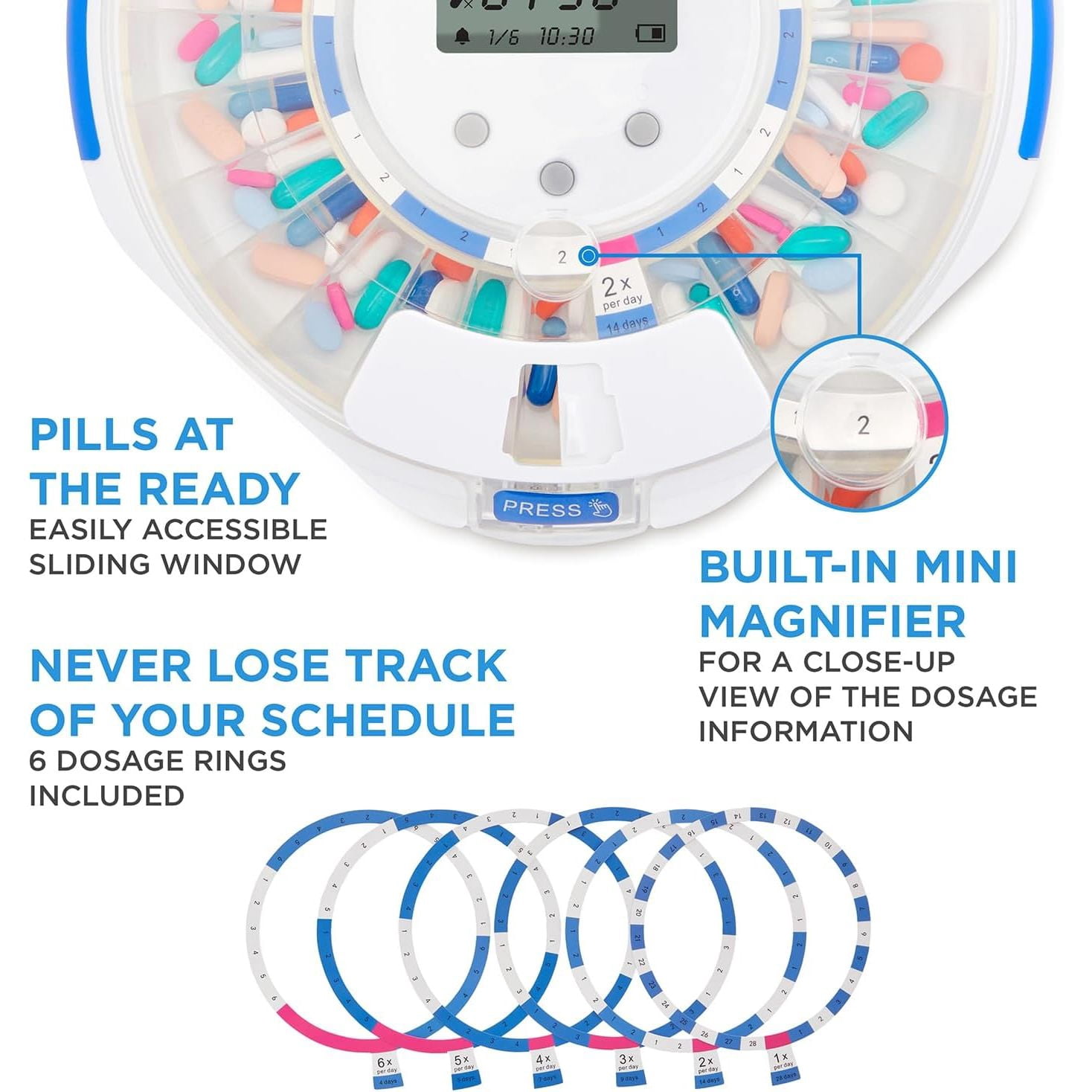 LiveFine Automatic Pill Dispenser 28-Day Organizer with 6 Dosage Rings LCD Alerts Key & Magnifier