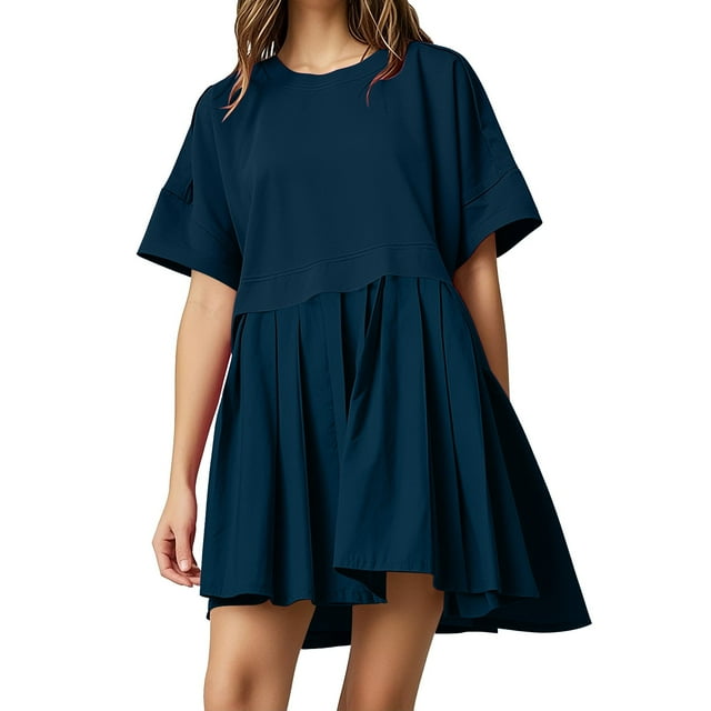 LOVZFMLL Robes d'Été pour Femmes Mignonnes Sans Manches/manches Courtes Col Rond à Volants Plissées Ligne A Fluides Mini Robes Amples Décontractées Tenues de Mode Marine B L