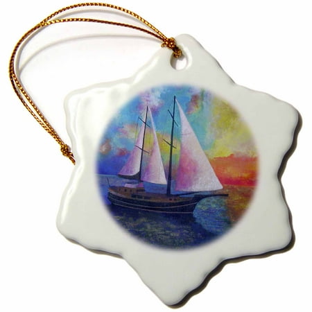 3dRose Bodrum Gulet Cruise- blue, boats, impressionism, orange, realism, sailboat, sails - Snowflake Ornament, 3-inch