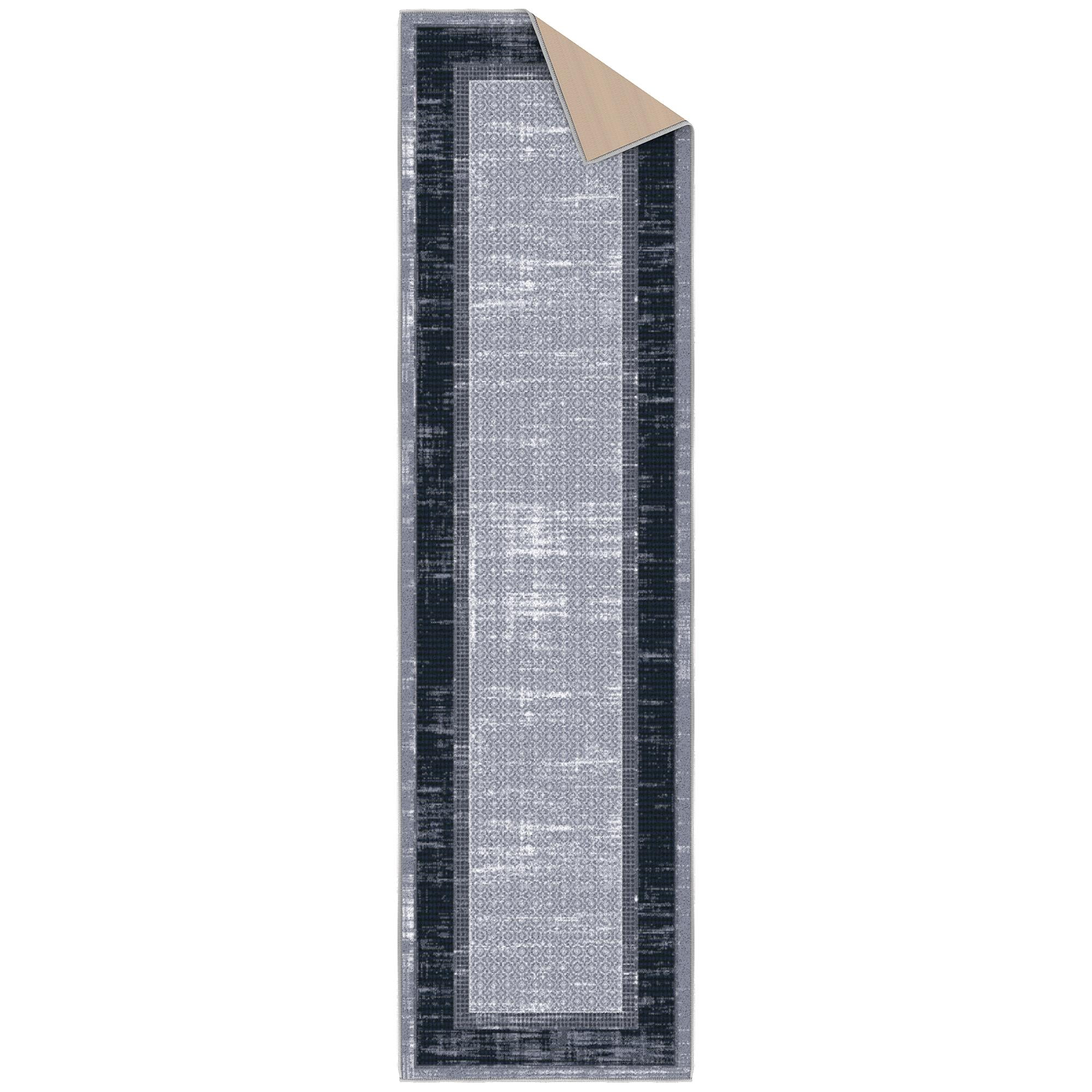 Ottomanson Border Kitchen Runner Rug 1'10" x 7' - Non Slip Low Pile Carpet, Gray/Navy