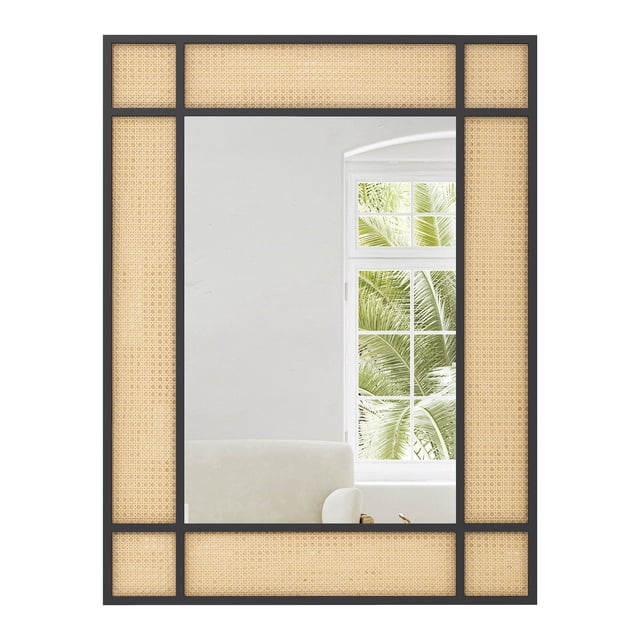 Gymax Rattan Wall Mirror Bohemian Rectangular Decorative Mirror w/Metal Frame