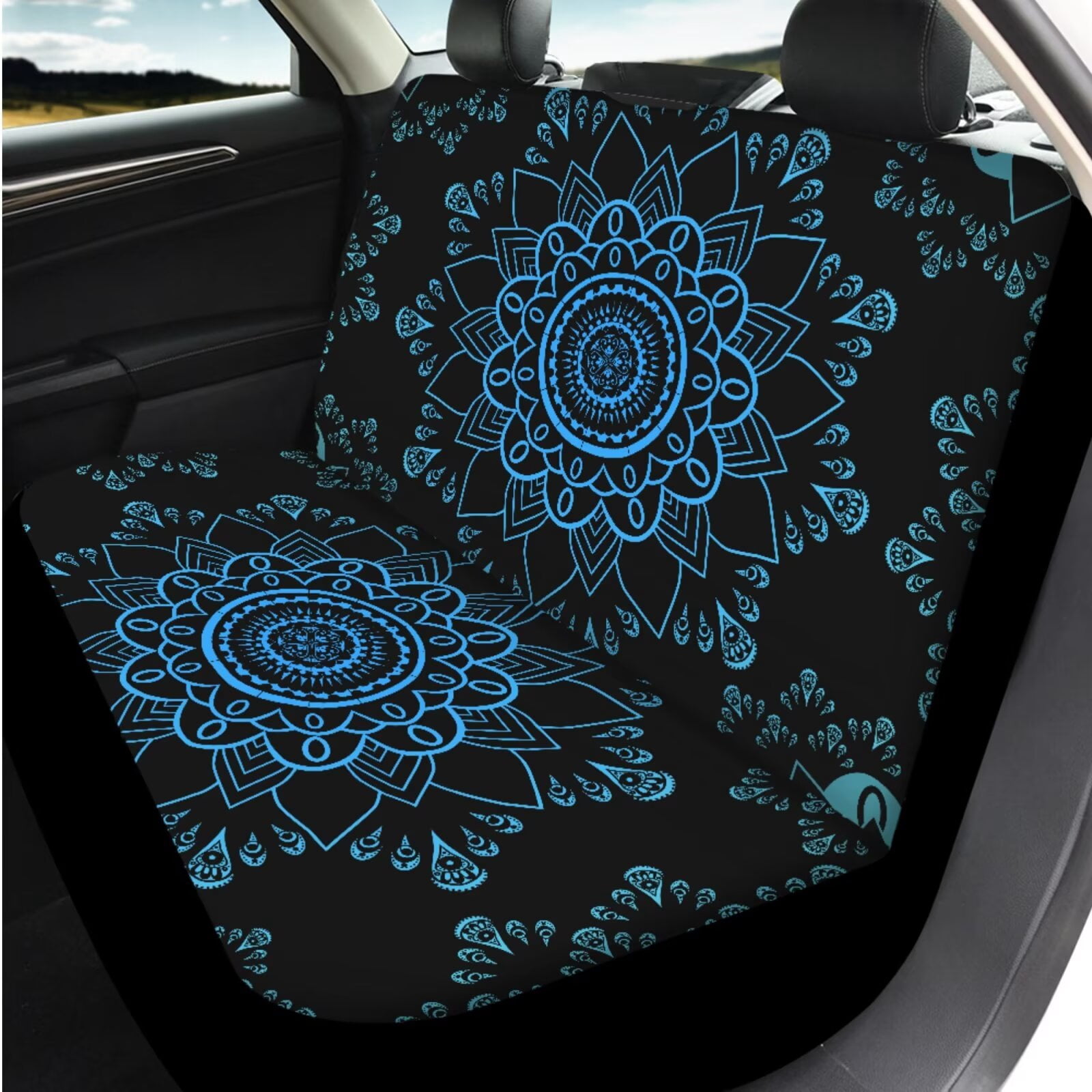Garronmavis Blue Mandala 14 Pcs Car Seat Covers Set with Headrest Protector Car Steering Wheel Cover Auto Armrest Cover and Car Seat Belt Covers Easy to Install Universal Cars SUV Accessories