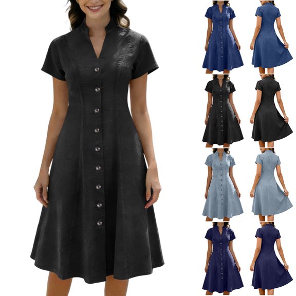 Smsaxvxz Women's Summer Dresses Fashion Solid V Neck Short Sleeve A Line Sundress Casual Loose Midi T-Shirt Dress Black 2XL