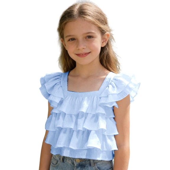 GXWEA Girls T Shirts Kid's Ruffle Layered Top Square Neck Sleeveless Chiffon Blouse Soft for Casual Outings(9-10 Years,Blue)