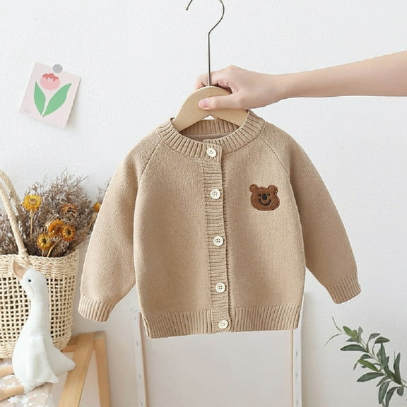 Godderr Newborn Baby Toddler Cardigan Sweater for Girls Boys Autumn Cartoon Knitwear with Small Bear and Buttons 0M-6Y Cute Relaxing Knit Wear