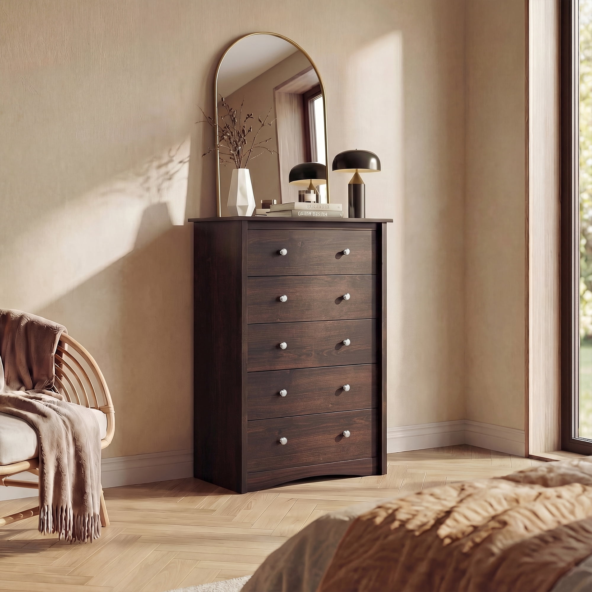 Lacoo 47'' Tall 5 Drawers Wooden Dresser for Bedroom, Modern Storage Chest of Drawers, Brown