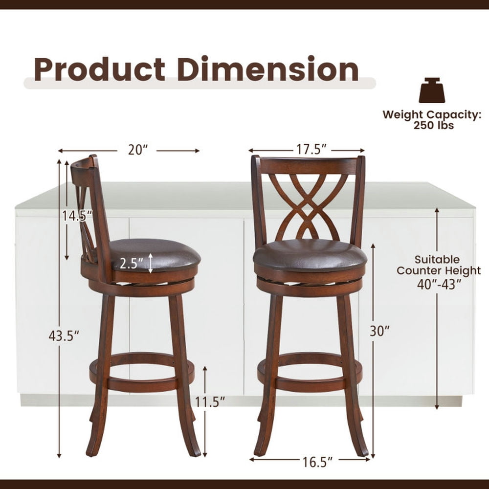 Demi Bonn 360° Swivel Counter Height Bar Stools with PU Leather Cushioned Seat and Footrests, 30" Modern Dining Chair with Backrests, Brown