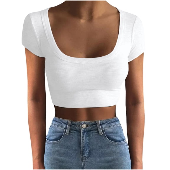 Timegard Going out Tops for Women Ribbed Slim Square Neck Cropped Tee Comfy Solid Color Summer Fashion