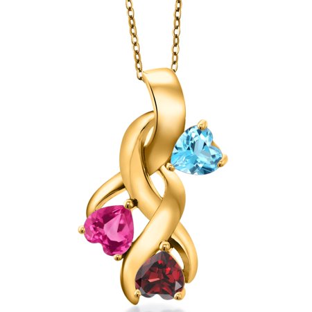 Gem Stone King 18K Yellow Gold Plated Silver Swiss Blue Topaz and Pink Created Sapphire and Red Garnet Pendant for Women (1.75 Cttw Gemstone November Birthstone Heart Shape 5MM 18 inch Chain)