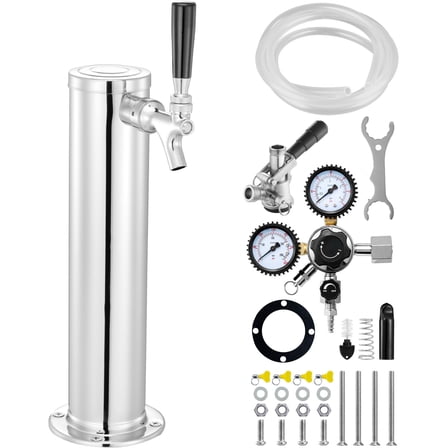 KFFKFF Single Tap Kegerator Tower Kit, Stainless Steel Beer Dispenser with Dual Gauge Regulator & D-System Keg Coupler, Self-Closing Spring for Home Bar and Party Use