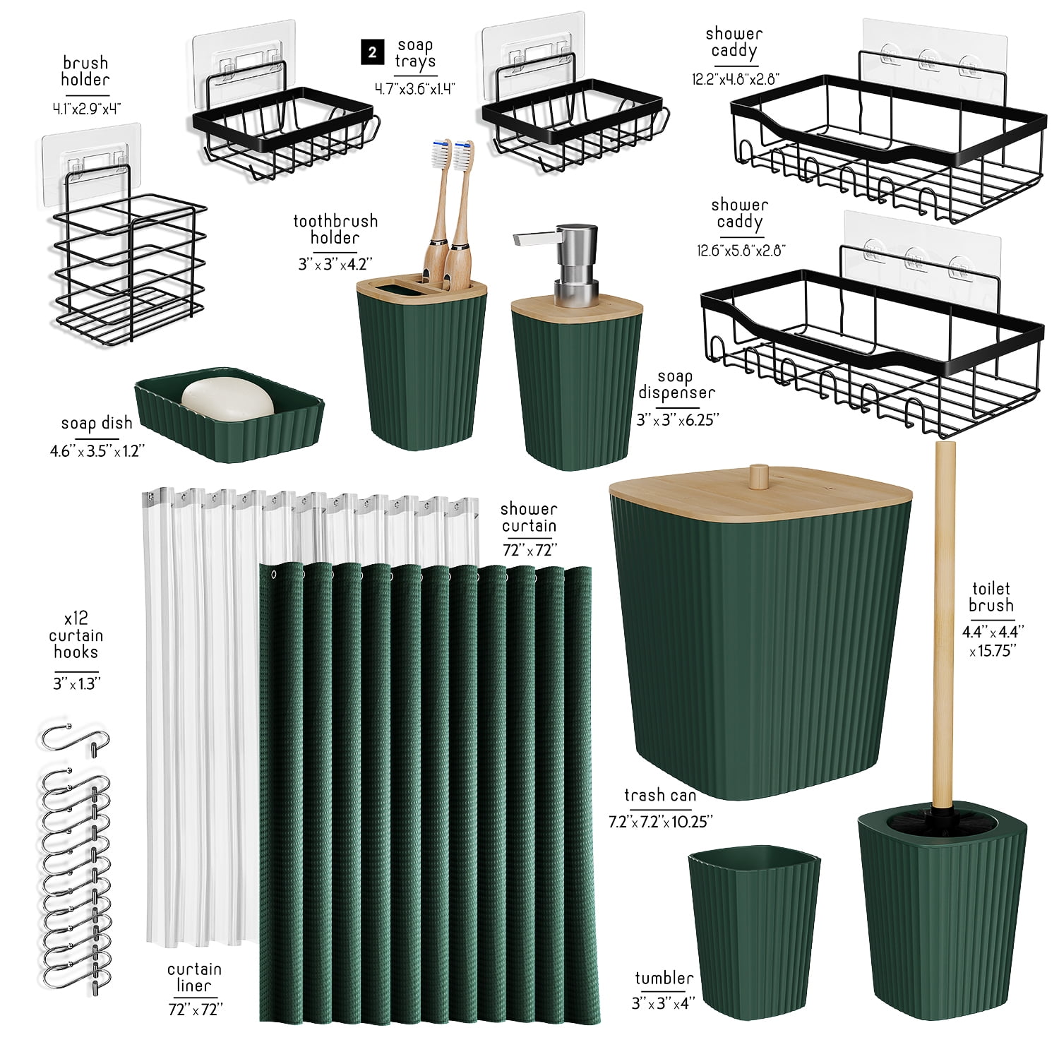 Hearth & Harbor 24 Piece Bamboo Bathroom Sets, Hunter Green Bathroom Accessories Set and Shower Caddy Set
