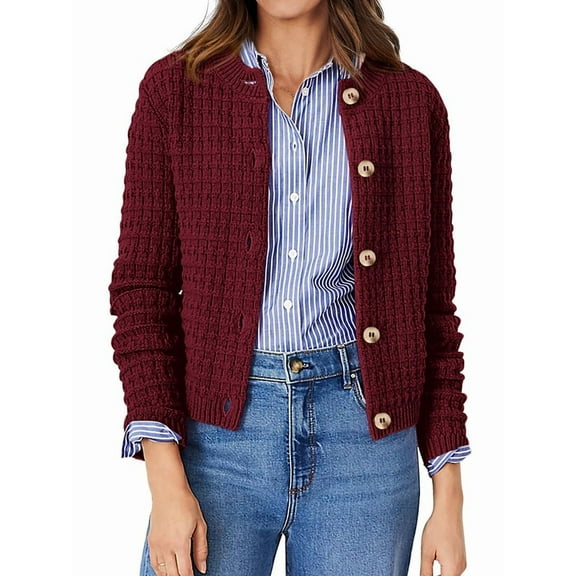 Women'S Knit Cardigan Sweaters Casual Long Sleeve Open Front Button Down Trendy Jackets Outerwear Wine Red S