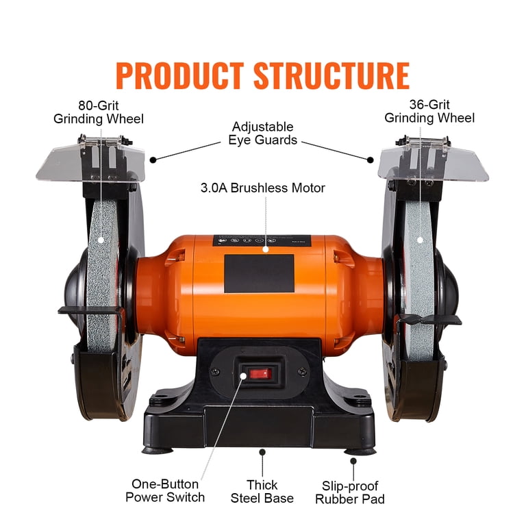 VEVOR 8-Inch Bench Grinder – 3450 RPM Single Speed, 550W Motor, 36/60-Grit Wheels, Adjustable Shields