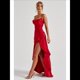 thumbnail image 4 of Vestido de Cóctel para Mujer, Ajustado, Informal, , con Escote en V, Sin Mangas, de Satén, con Volantes en el Bajo y Espalda Descubierta. Rojo L, 4 of 10