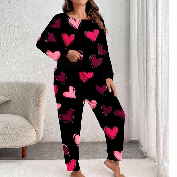 Qulqfy Womens Pajamas Set Valentine Day Cute Plus Size Pink Soft Long Sleeve Crew Neck Tops and Cuffed Pants Heart Print Sleepwear Womens Lounge Set L