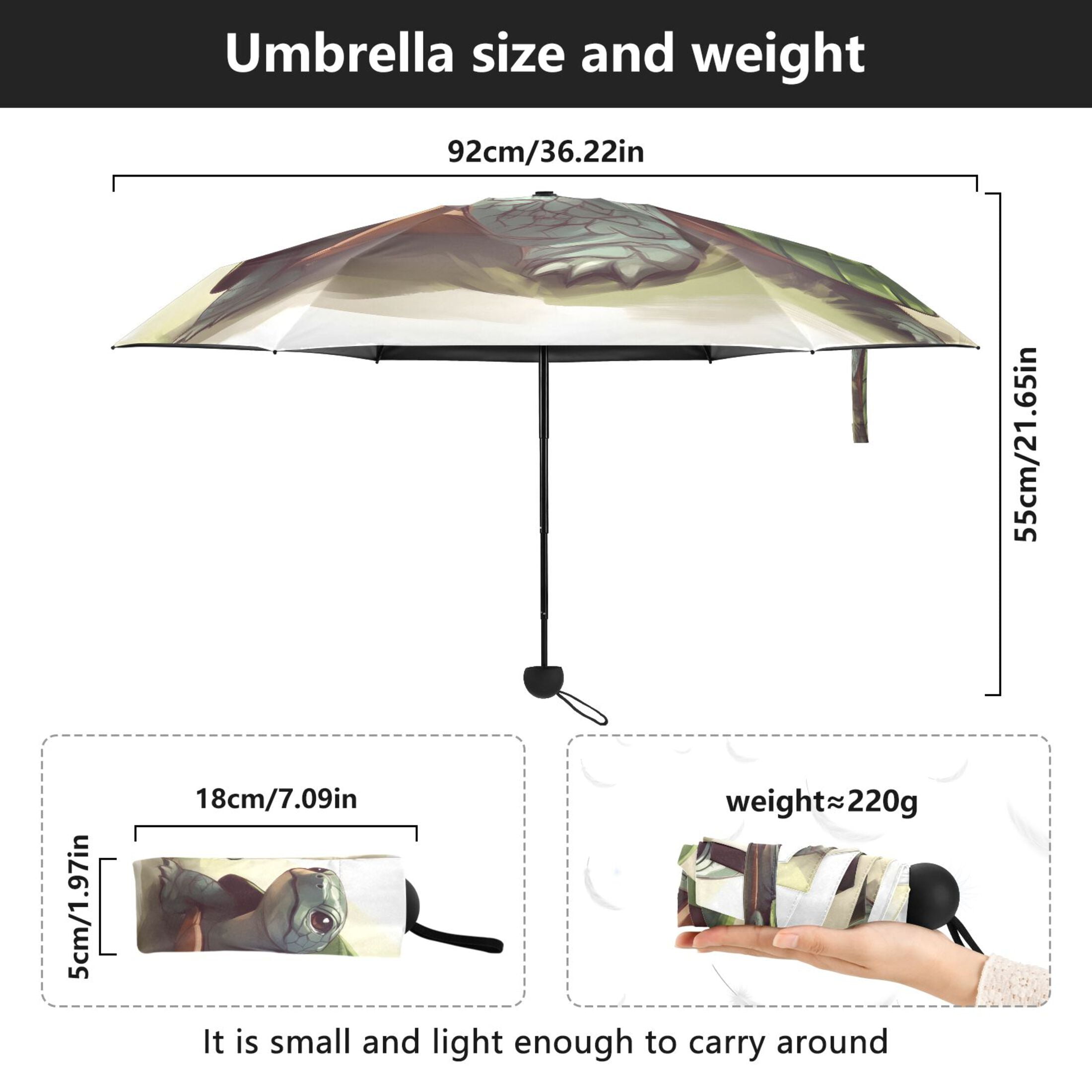 Child's Sketch Turtle Umbrellas for Sun Auto Open Close UV50+ Waterproof 5-Fold Compact Fiberglass Frame