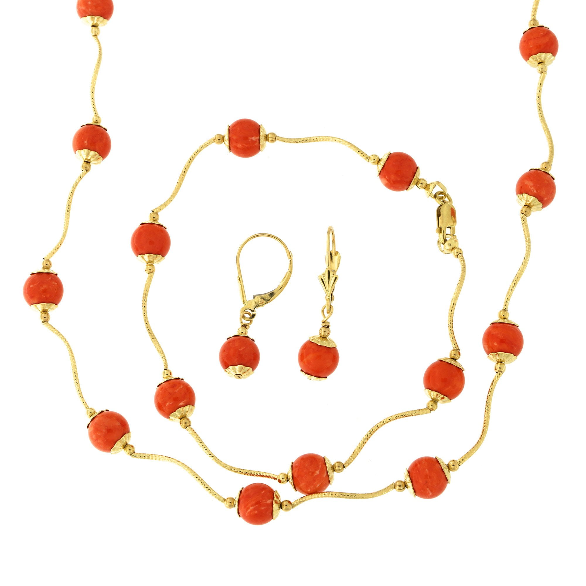 14k Yellow Gold Diamond Cut 7mm Capped Simulated Coral Station Necklace, Earrings and Bracelet Set by