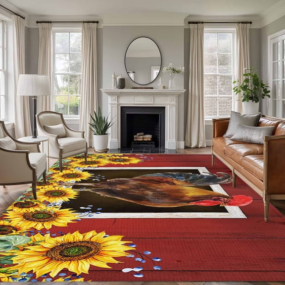 Large Area Rugs for Living Room Bedroom, Chicken Sunflowers 8'x10' Rug Washable Carpet Runner Indoor Outdoor, Country Farm Animal Red Wooden Grain Non Slip Floor Mats Rug for Kitchen, Patio