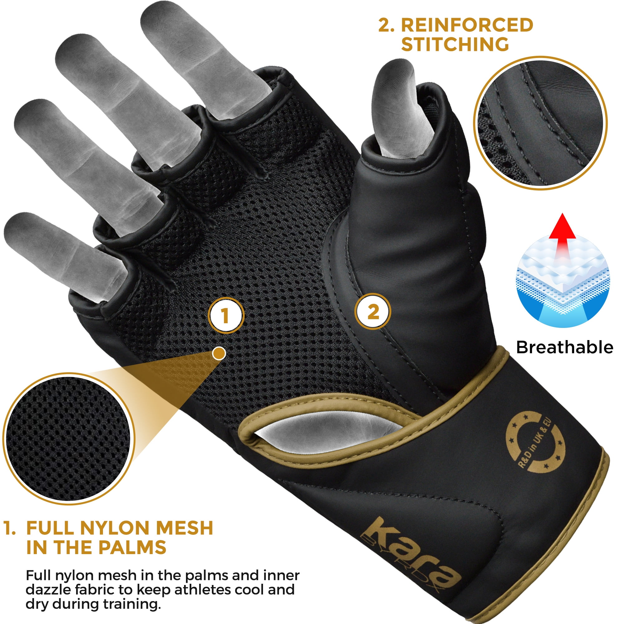 RDX MMA Boxing Gloves Grappling Sparring, Pre-Curved Martial Arts Mitts, Ventilated Palm, Maya Hide Leather KARA, Golden, Large