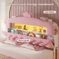 thumbnail image 4 of Full Size Princess Bed Frame with 2-Tier Storage Bookcase, LED Headboard ,Velvet Upholstered Platform Bed Full with Charging Station,Crystal Button & Crown, No Box Spring Needed,Pink, 4 of 9