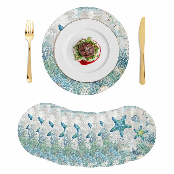 Teal Starfish Coastal Round 15 Inch Placemats Set of 8, Summer Beach Coral Nautical Ocean HeatResistant Non Slip Place Mats for Dining Table, Wipeable Braided Kitchen Table Mats for Housewarming