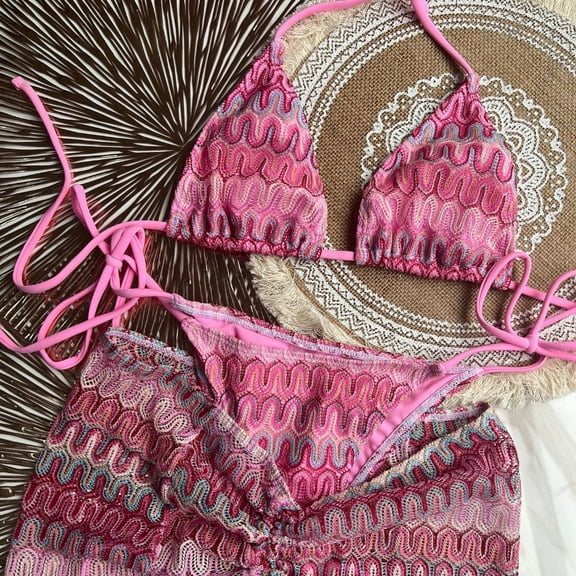 Pink Knit Bikini Swimsuit New 3d Geometric Triangle Skirt Bikini Set Women 3piece Swimwear