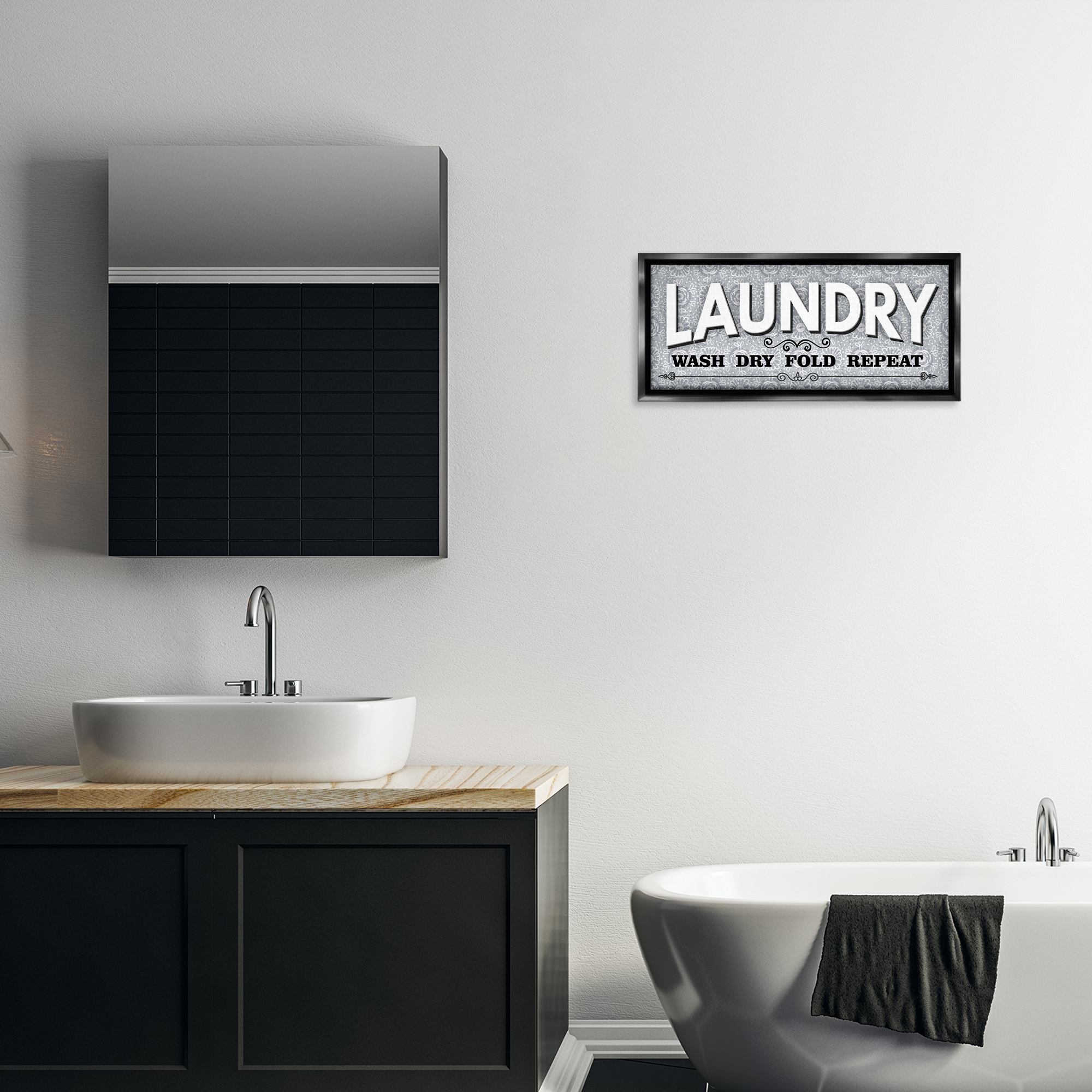 Stupell Industries Antique Laundry Rules Bath & Laundry Painting Black Floater Framed Canvas Art Print Wall Art, 25 x 11