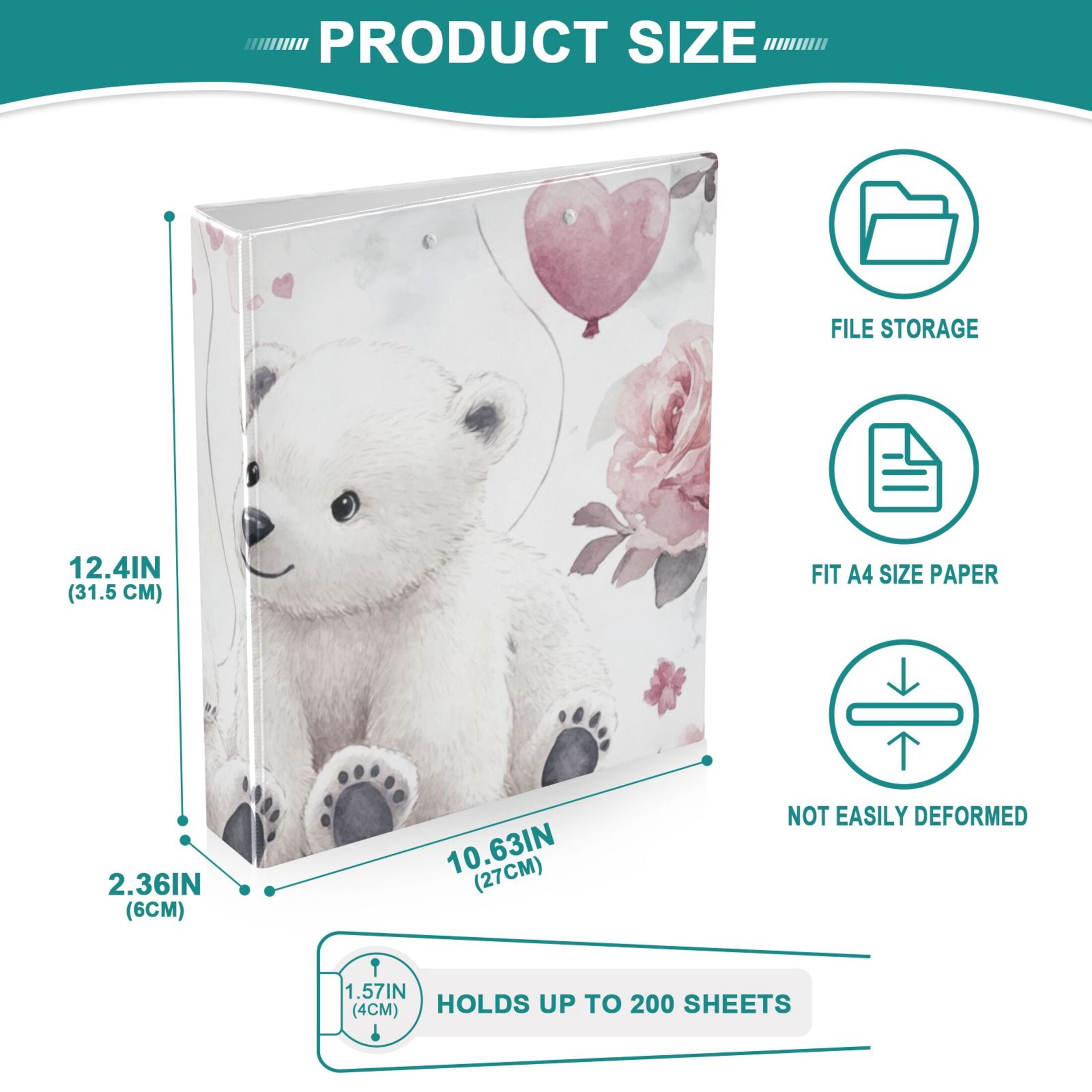 White Bears Roses 3 Ring Binders 1.5 inch Hardcover File Folders with Interior Pockets A4 Size Organizer for School Office Hospital