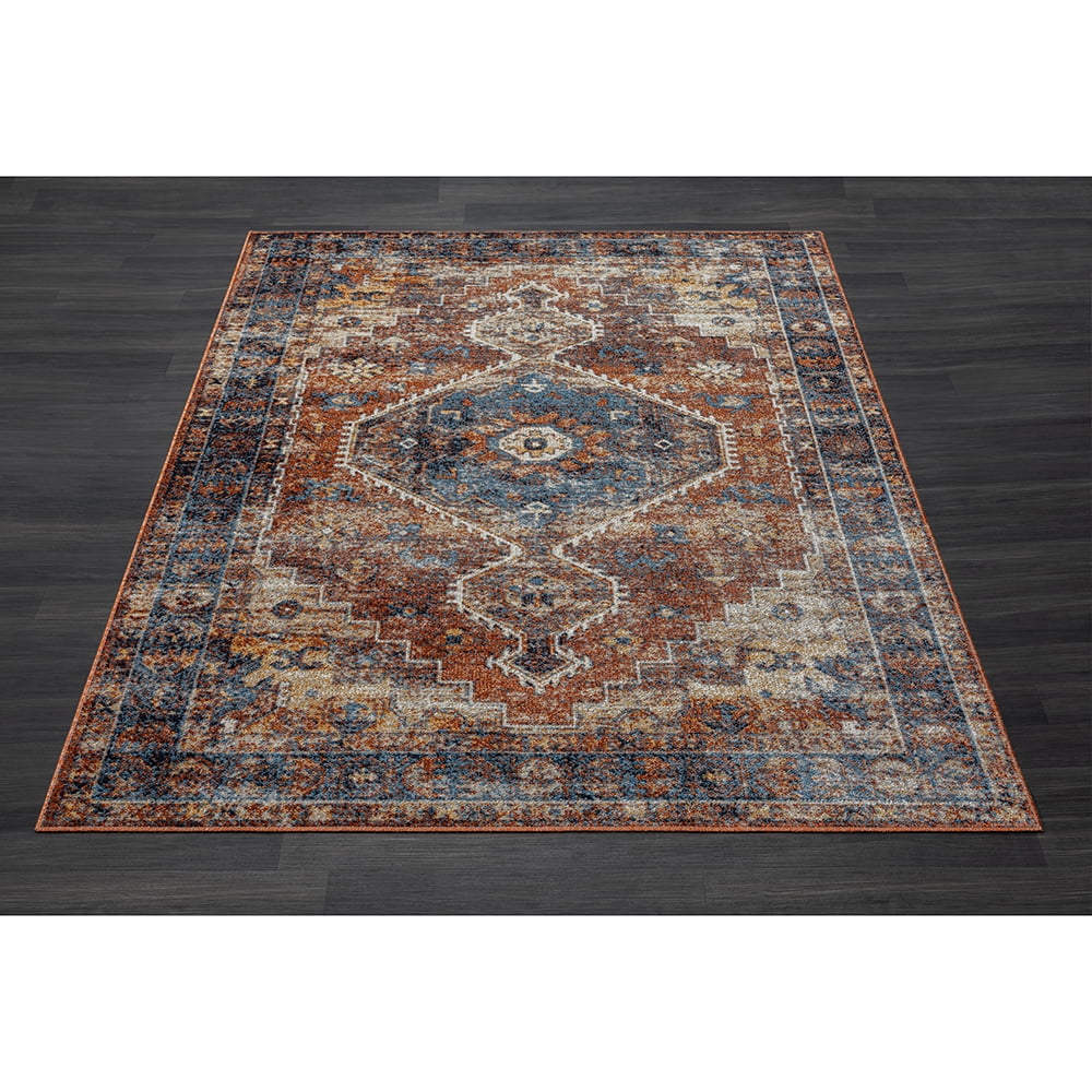 LR Home Han 5' x 7' Blue/Red Medallion Machine Washable Indoor Area Rug