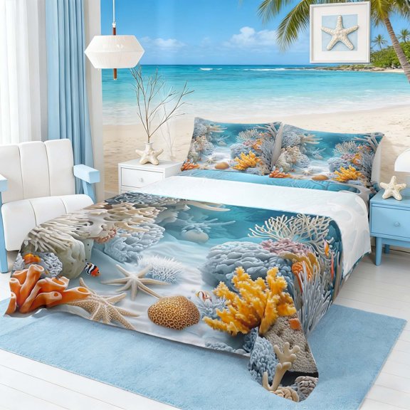 Manfei 3D Underwater Coral Fish Full Size Sheets for Kids Boys and Girls, Ocean Marine Life Print Bed Sheets 4 Pieces, 1 Flat Sheet, 1 Fitted Sheet and 2 Pillowcases
