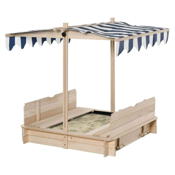 Wooden Sandbox with Canopy & Bench - Convertible Kids Sandpit - Outdoor Play Area - Natural Blue