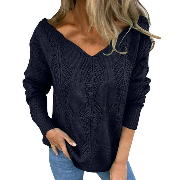Sevevn Women's Hollow Pullover V-Neck Solid Color Reversible Long Sleeved Sweater