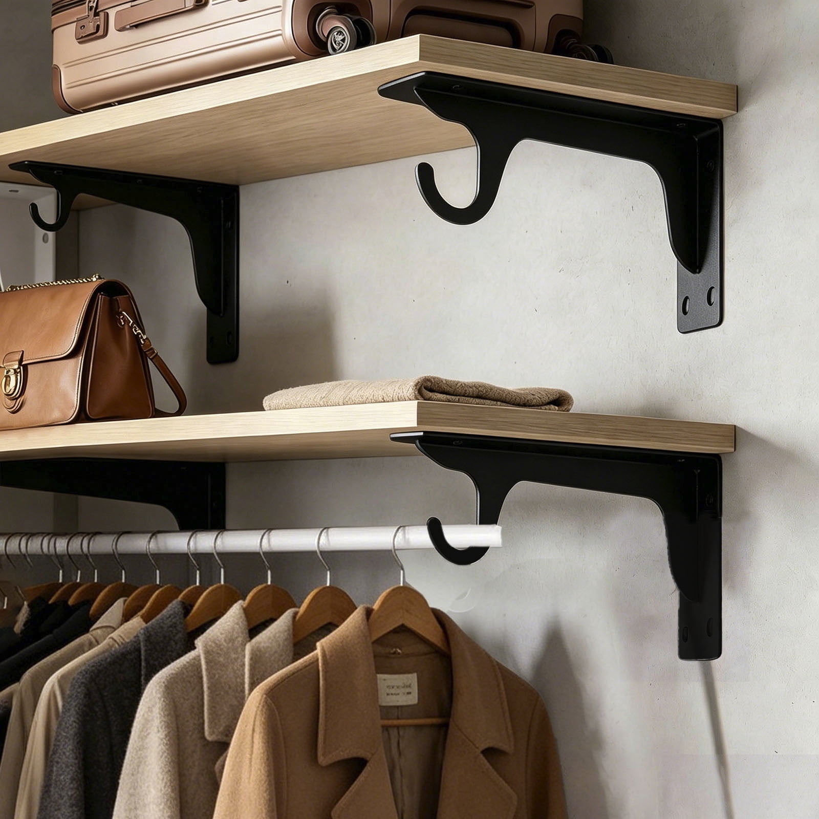 16 Inch Heavy Duty Wall Mounted Closet Rod Support Brackets with Hooks, Metal Shelf Brackets for Closet Storage