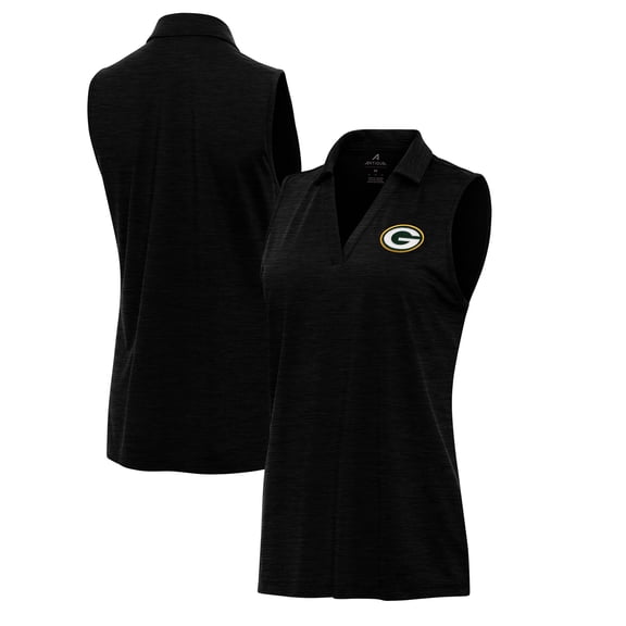 Women's Antigua Heather Black Green Bay Packers Layout Sleeveless V-Neck Polo