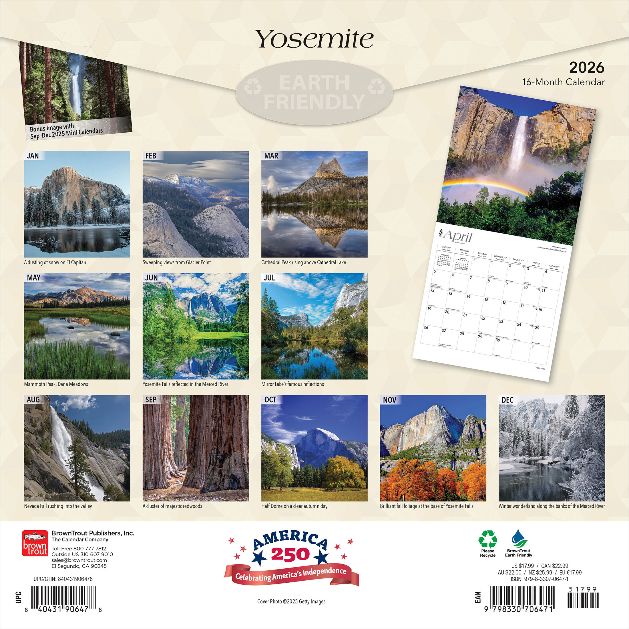 Yosemite | 2026 12x24" (Hanging) Square Wall Calendar | Plastic-Free | BrownTrout