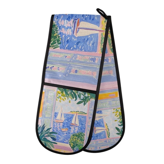 Yayeee Double Oven Mitt Kitchen Heat Resistant Baking 35" x7" Quilted Glove, Seaside Boat