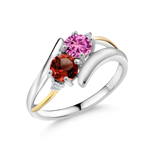 Gem Stone King 1.57 Ct Round Pink Created Sapphire Red Garnet 925 Silver and 10K Yellow Gold Lab Grown Diamond Two Stone Crossover Ring (Size 6)
