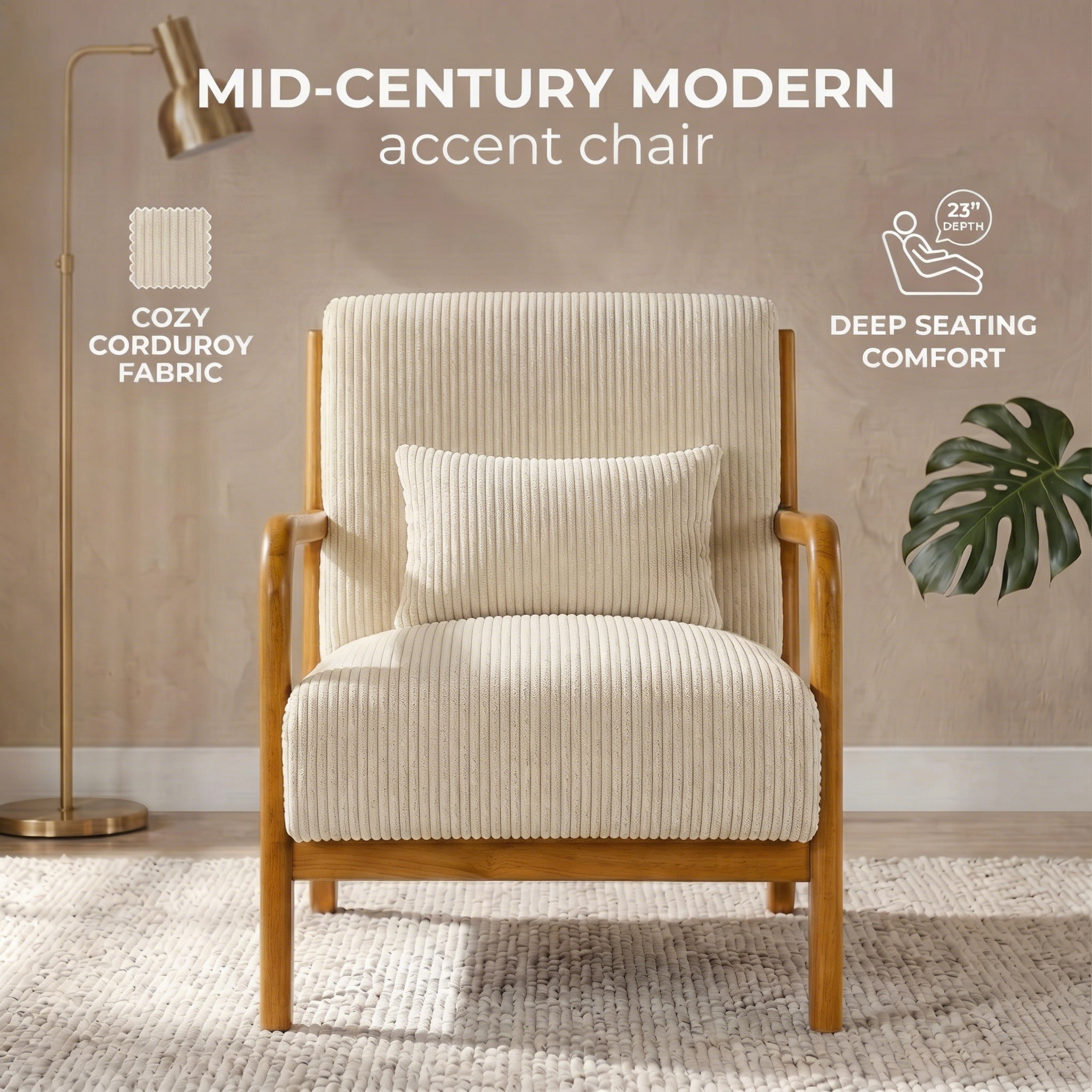 Mid-Century Modern Corduroy Accent Chair with Solid Wood Frame & Lumbar Pillow, Beige