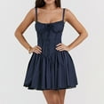 thumbnail image 4 of IBTOM CASTLE Women's Casual Corset Mini Dress Spaghetti Straps Backless Lace up Low Cut Ruffle Short Sundress S Navy Blue, 4 of 8