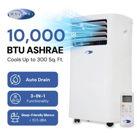 Whynter ARC-102CS 3-in-1 Portable Air Conditioner, 10,000 BTU (ASHRAE) / 7,000 BTU SACC, Cools 300 Sq Ft, AC, Dehumidifier & Fan with Remote for Small Rooms