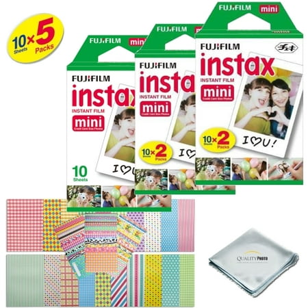 Fujifilm INSTAX Mini Instant Film 5 Pack 50 SHEETS (White) For Fujifilm Mini 8 Cameras Bundled with custom instax FRAME STICKERS and Quality Photo Microfiber Cloth for mini 8