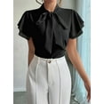 thumbnail image 3 of Women'S Tie Neck Blouse Ruffle Cap Sleeve Elegant Work Office Shirt Tops Black XL, 3 of 5
